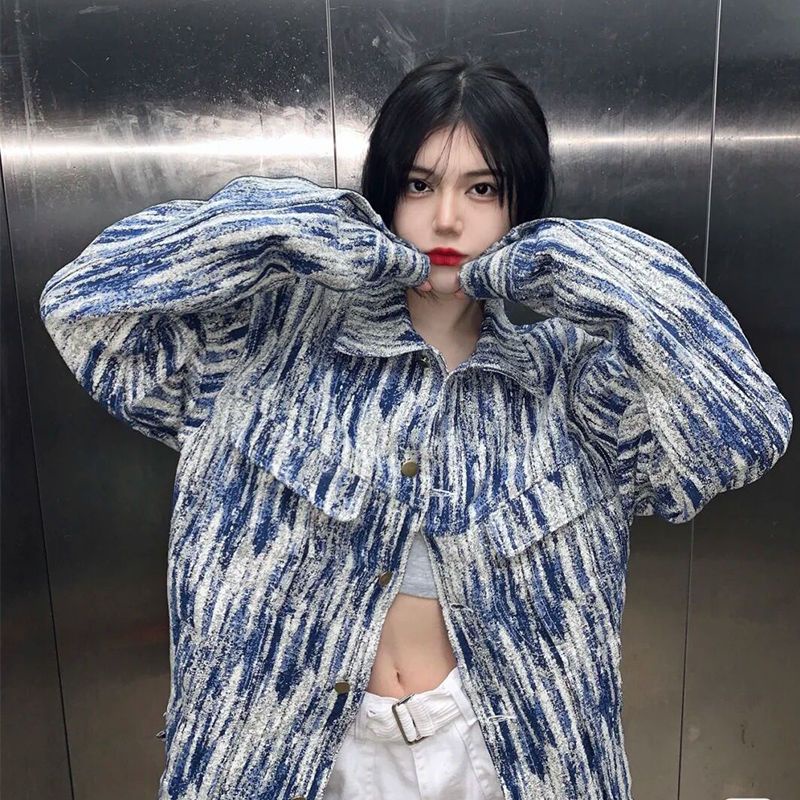 Jiashucheng Áo Khoác Denim Nhuộm Màu Dáng Rộng Phong Cách Harajuku Hàn Quốc Mới