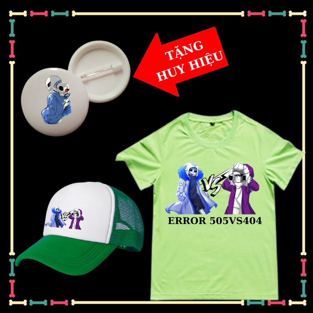 Set áo thun Error 404vsError505 siêu ngầu bé trai, bé gái, kèm mũ lưỡi trai, kèm huy hiệu Sans.