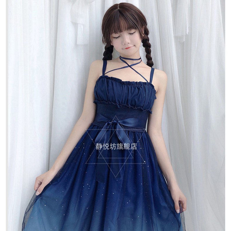Váy maxi xanh 2 dây đính hạt lấp lánh phong cách loli dễ thương