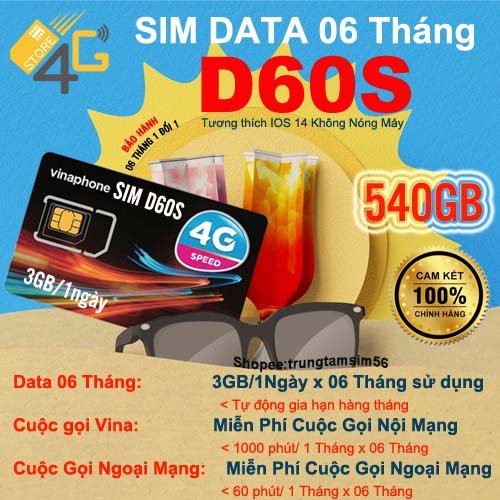 Sim D60S VINA - Miễn Phí 3Gb/ Ngày và Gọi Điện Nội Mạng, Ngoại Mạng x (6 -12 Tháng) - Bảo Hành Trọn Đời