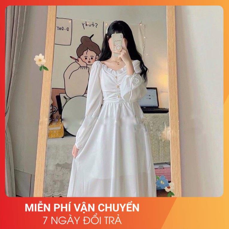 Đầm Trắng Cúc Ngực Cổ V 24AP Nữ [FREESHIP] Váy dúm bánh bèo dài tay bồng tiểu thư form rộng đẹp Ulzzang | BigBuy360 - bigbuy360.vn