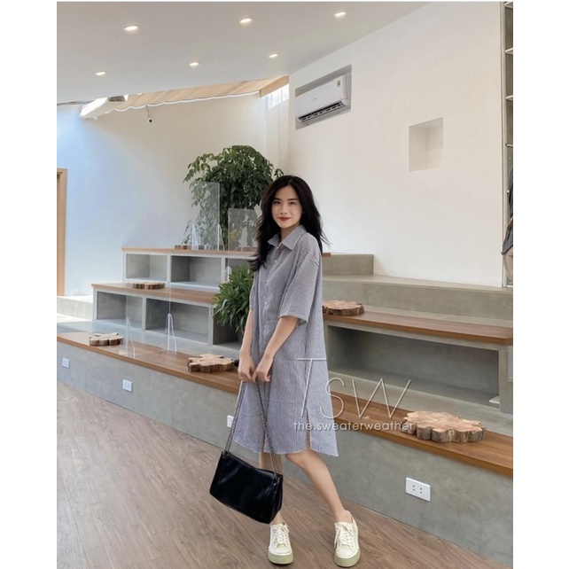 Váy sơ mi form rộng kẻ dáng suông xẻ tà, ĐẦM SƠ MI KẺ XỐP ULZZANG