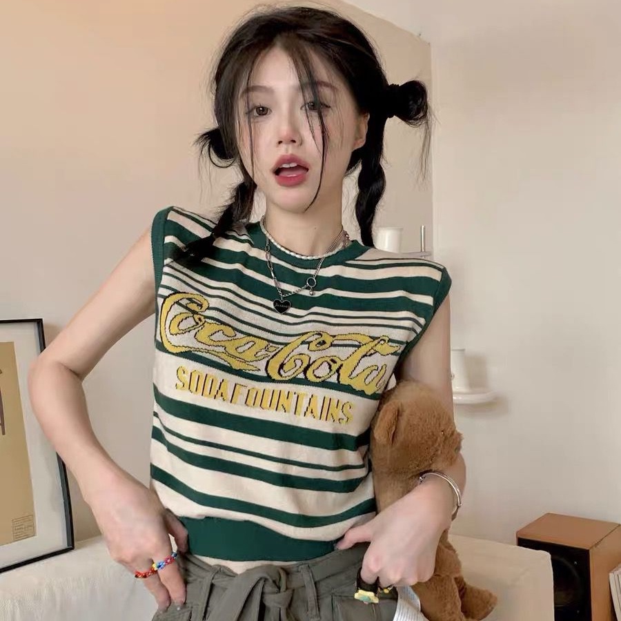 Áo Croptop Dệt Kim Sát Nách Kẻ Sọc In Chữ Kiểu Retro Thời Trang Mùa Hè Cho Nữ