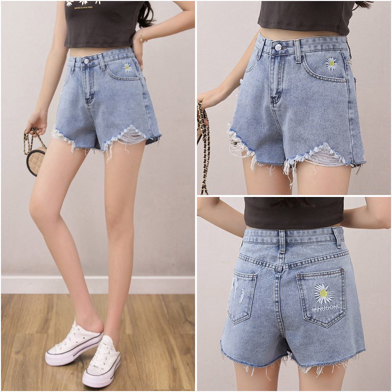Quần Short Denim Lưng Cao Thêu Hoa Cúc Phong Cách Hàn Quốc Mới Cho Nữ