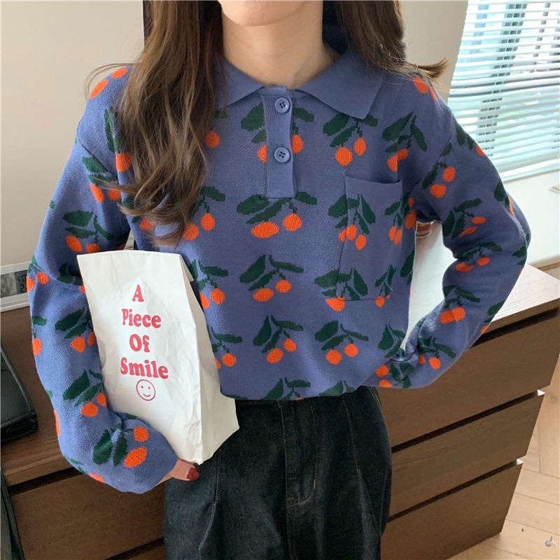 Áo kiểu PURE CUBE dệt kim tay dài dáng rộng cổ polo in họa tiết quả cherry phong cách Hàn Quốc xinh xắn cho nữ