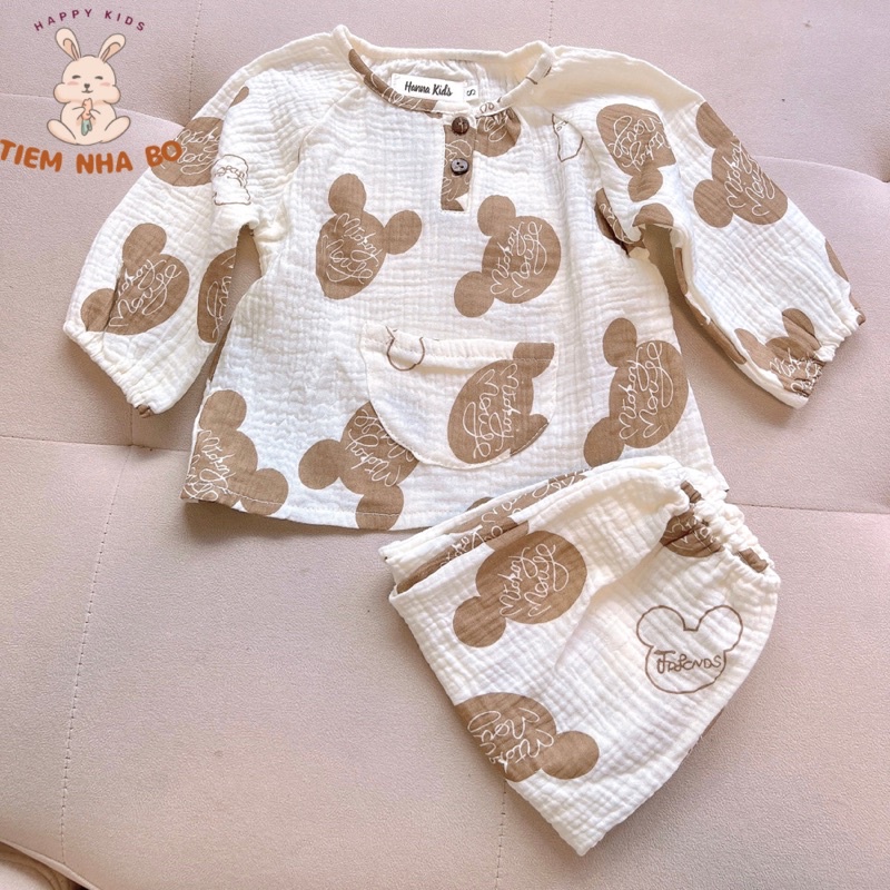 Bộ quần áo dài tay thu đông cho bé trai bé gái, bộ quần áo trẻ em mặc nhà vải xô muslin cho bé từ 5-15kg TNB