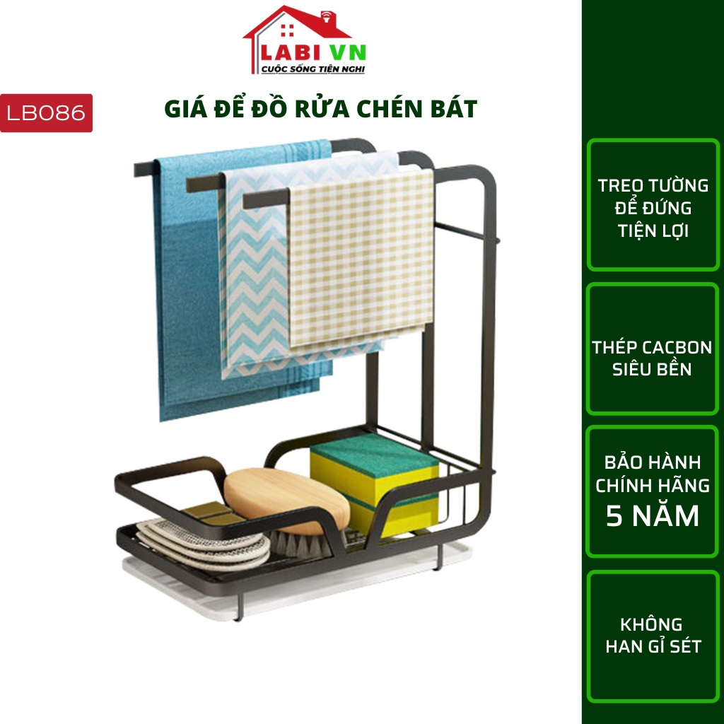 Giá để đồ rửa bát LABIVN LB086 đựng dụng cụ rửa chén có 3 móc phơi khăn kèm khay hứng nước. Để đứng, treo tường