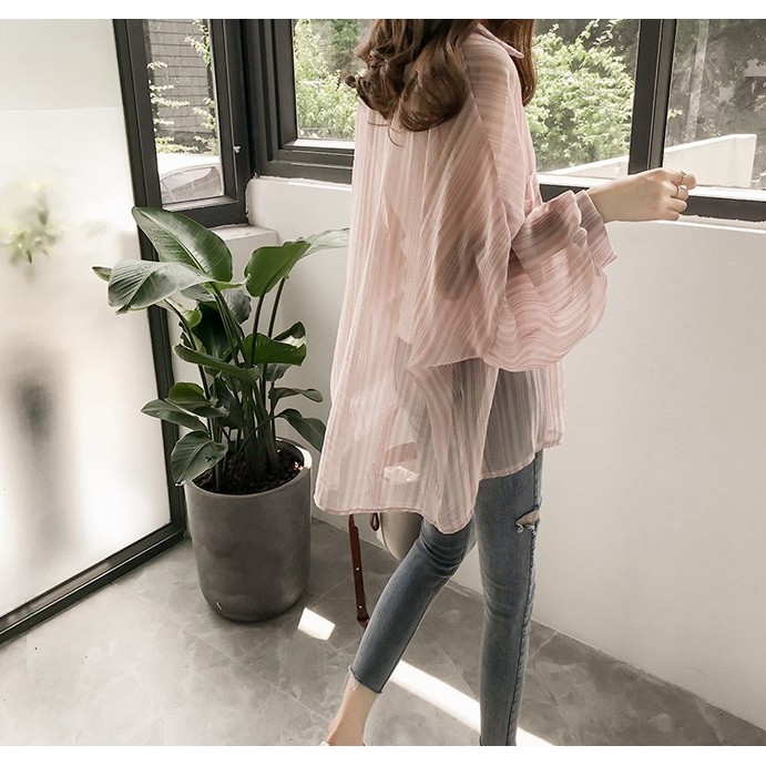 Áo sơ mi kiểu nữ voan mỏng trắng tay dài có cổ sang chảnh thời trang đi biển, du lịch 2020