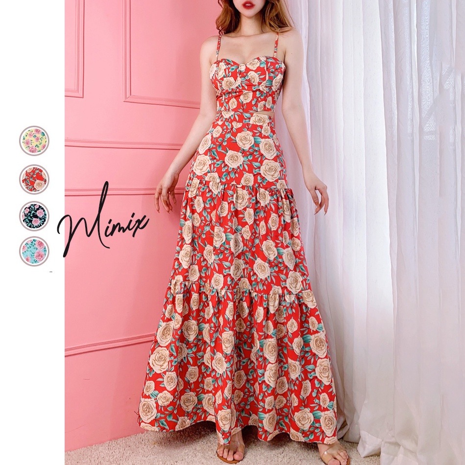 Set áo croptop 2 dây có mút ngực kèm chân váy hoa hồng MIMIX BO4220
