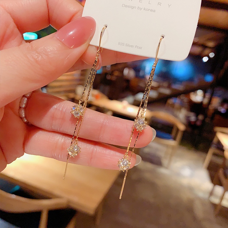 Bông tai mạ bạc 925 dáng dài đính đá thời trang phong cách Hàn Quốc cho nữ