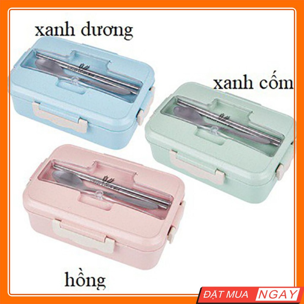 Hộp Cơm Văn Phòng 3 Ngăn Lúa Mạch – Tặng Kèm Đũa Thìa Inox/Lúa Mỳ - Sử Dụng Được Lò Vi Sóng