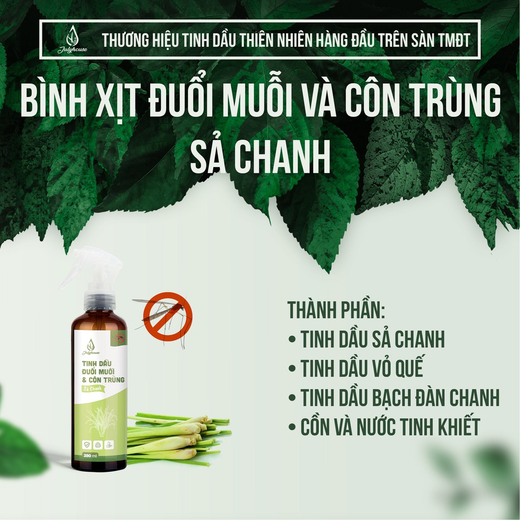 Bình xịt phòng Julyhouse 280ml tinh dầu sả chanh, bạc hà, quế, bạch đàn chanh đuổi muỗi, khử mùi hiệu quả (mùi tự chọn)