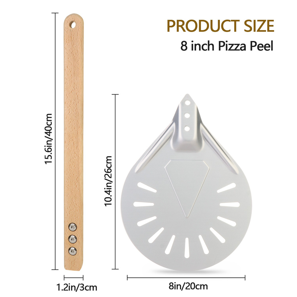 LY Wood Handle Pizza Peel Bakers Paddle Perforated Grill Non-slip Aluminum Bread Shovel