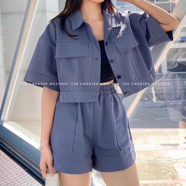 Set kaki áo khoác croptop