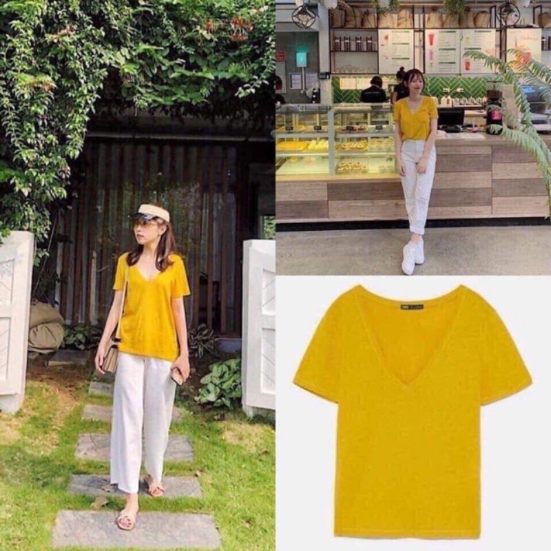 Áo thun/ áo phông cotton nữ cổ tim Zara thoáng mát  - mua lẻ / set 4