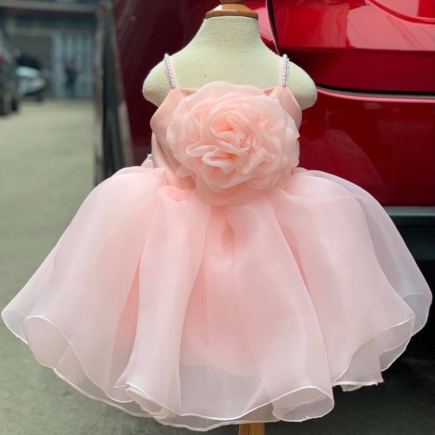 Váy Công Chúa Cho Bé Gái Thiết Kế Hoa Hồng Trước Ngực Nơ Lưng Cực Xinh, Đầm Công Chúa 2 Dây Hoa Nơ 4 Cánh Cao Cấp