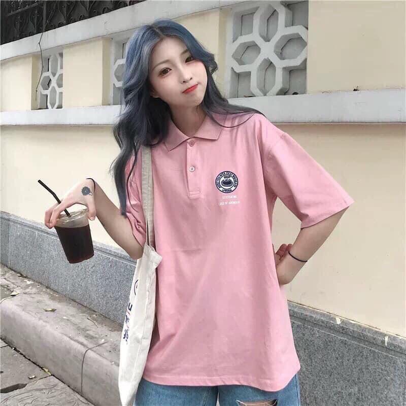 Áo thun polo có cổ tay lỡ form rộng in hình nam nữ