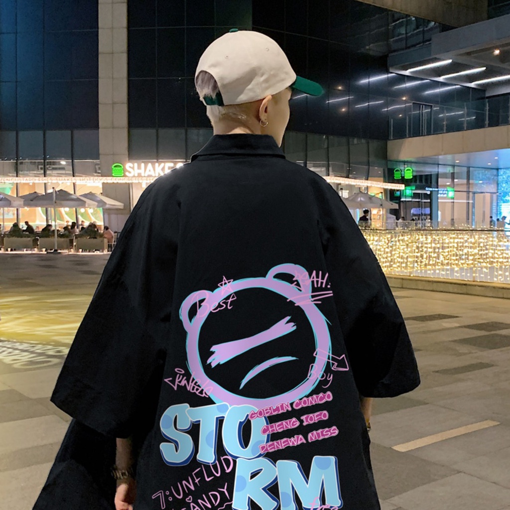 Sơ mi hàn quốc unisex from rộng nam nữ , sơ mi nam nữ vải voan lụa mịn mát free size 40kg - 70kg in gấu storm
