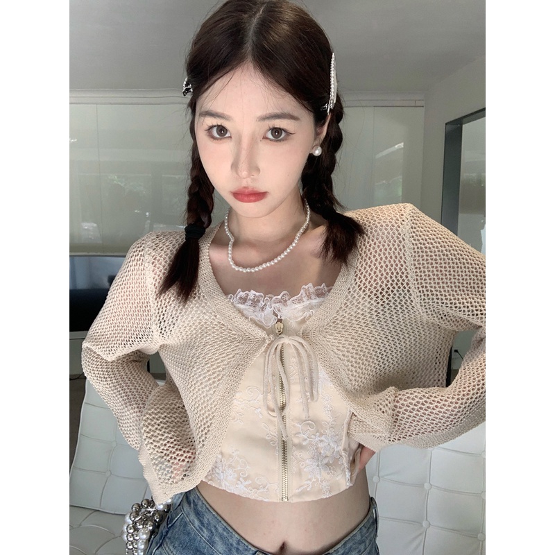 QKOOLE Áo cardigan  dạng đan màu trơn tay dài thời trang phong cách Hàn Quốc