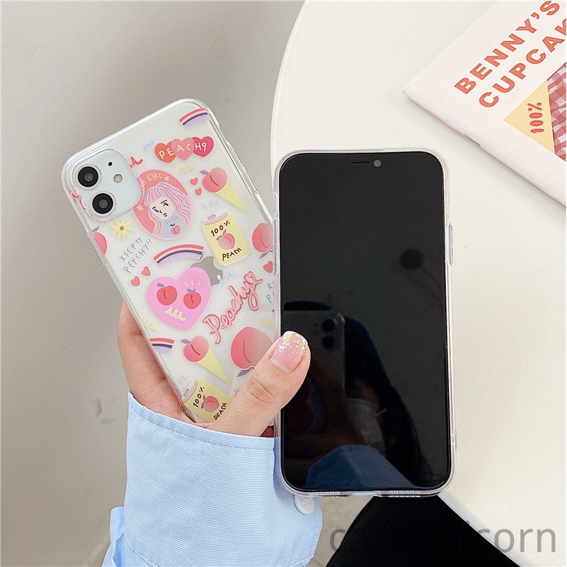 Ốp điện thoại mềm trong suốt in hình cô gái và đào hoạt hình cho iPhone 6 6s 7 8 Plus 11 12 Pro Max iPhone 12 mini XR X XS MAX | BigBuy360 - bigbuy360.vn