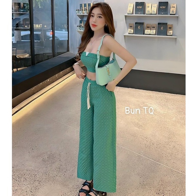 Set bộ áo kiểu quần ống rộng chất liệu gân nổi xu hướng sang chảnh dạo phố Thời Trang nữ [XM Minh Phúc]