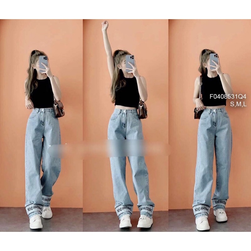 Quần jean dài lai lật cao đính tem và thêu Chữ các kiểu TT0408
