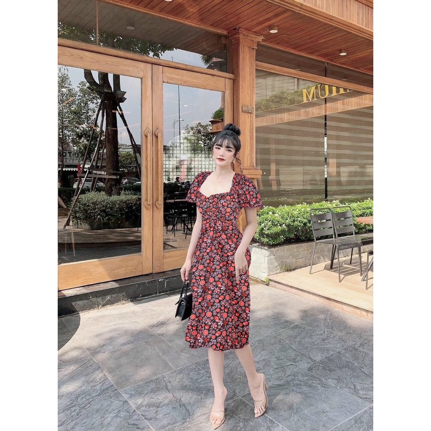 Đầm midi hoa đỏ tay búp dáng dài, đầm hoa cổ vuông xòe màu sắc thanh lịch, nhã nhặn đi chơi dễ thương