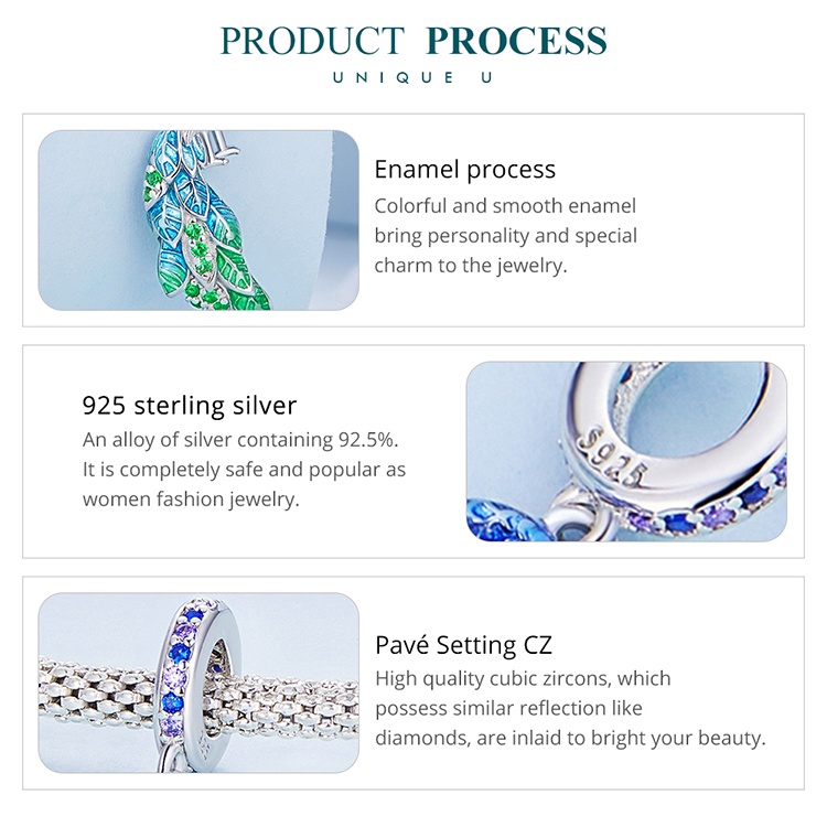 Mặt vòng cổ BAMOER bằng bạc 925 hình chim công thời trang