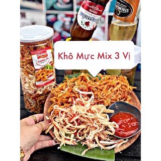 Khô mực mix 3 vị 300g mực xé sợi hấp dừa - mực sốt chanh tomyum - mực bơ tỏi đồ ăn vặt nhà gấu