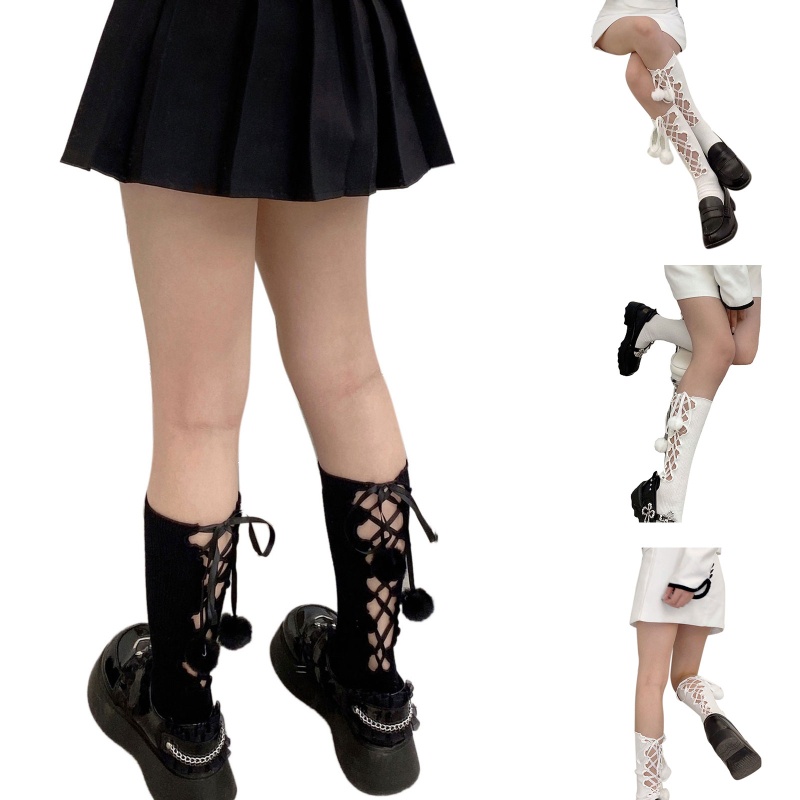 Xiangbao Tất Bắp Chân Cotton Có Gân Đính Nơ Chéo Rỗng Phong Cách Lolita Cho Nữ Hàng Có Sẵn