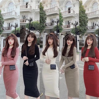 Váy nữ cổ tròn viền dài tay dáng dài 300k váy đầm body sang chảnh Annastore có ảnh feedback khách mua hàng