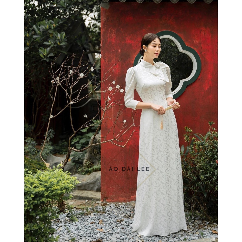 Bộ áo dài cưới may sẵn áo dài cô dâu vải gấm màu trắng-đỏ-vàng-hồng vân hoa đẹp ADL16