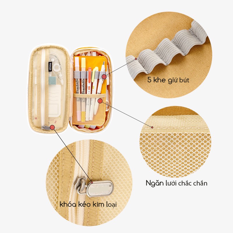 Hộp bút vải canvas Unicoo túi bút double pen case bóp viết nhiều ngăn đa năng 6 màu dung tích lớn