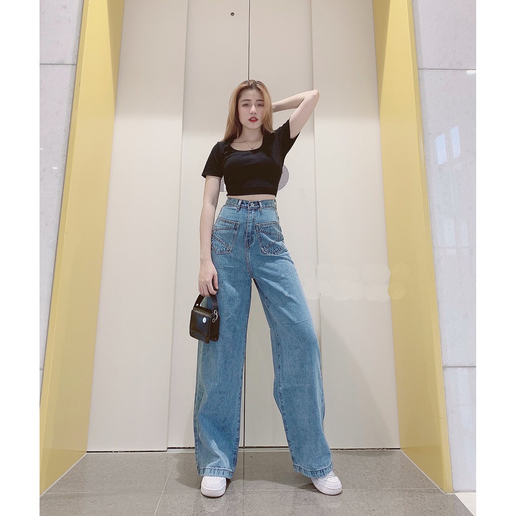 [ FREESHIP ] QUẦN JEAN ỐNG RỘNG NỮ 2 TÚI TRƯỚC CHÉO LAI CUỐN DÀI RỘNG MÀU XANH NHẠT CAO CẤP NITIQC NHA QUÝ DỊ