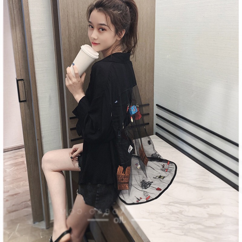 Áo Sơ Mi Tay Dài Chống Nắng Phối Lưới Thêu Họa Tiết Thời Trang Cho Nữ