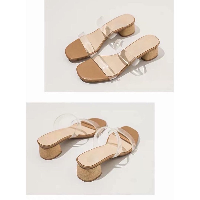 Guốc cao gót, dép cao gót vuông giả gỗ 4cm quai trong dày 2 dây ngang