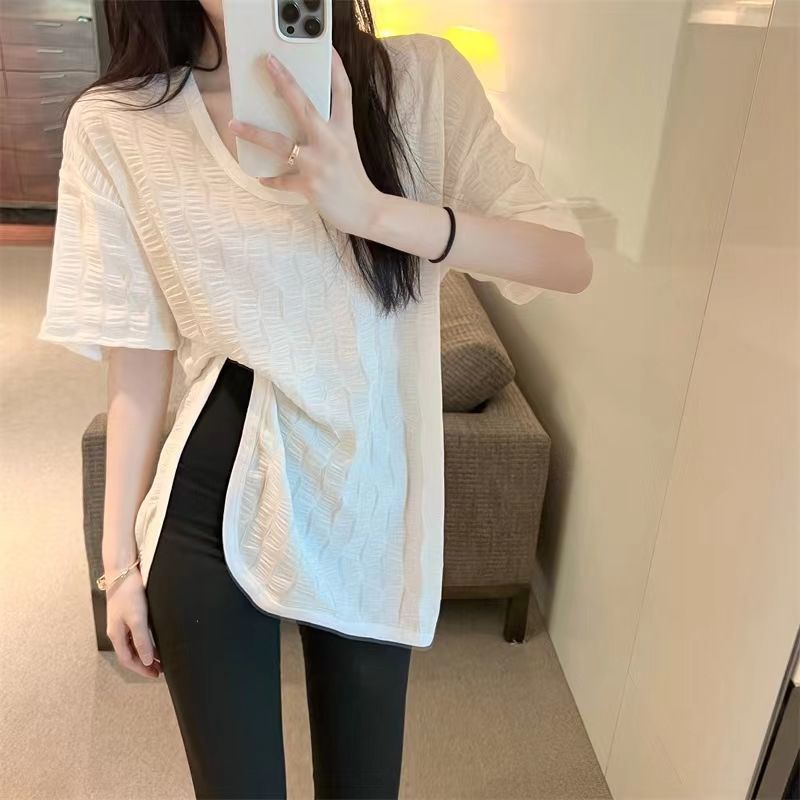 Áo Thun Tay Ngắn Cổ Chữ V Xẻ Tà Thời Trang Phong Cách Hàn Quốc Cho Nữ