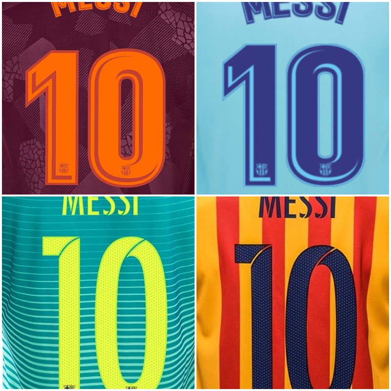 Bộ tên số cầu thủ Messi 10 Barcelona 2015 2016 2017 2018 away third nameset shirt jersey official font