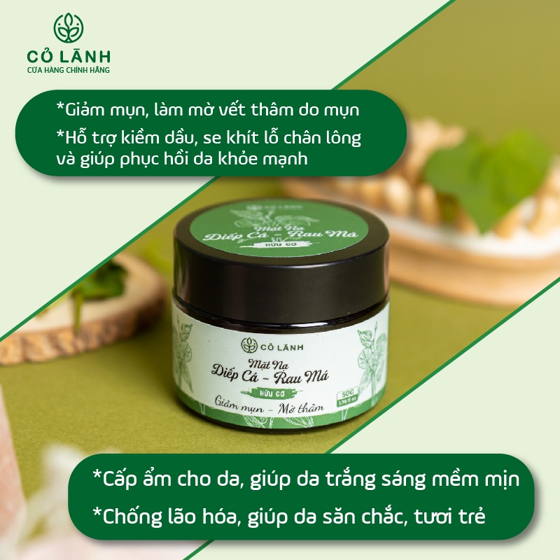 Mặt nạ dưỡng da diếp cá rau má giảm mụn Cỏ Lành 50G - Tặng kèm serum và cọ quét mặt nạ xinh xắn