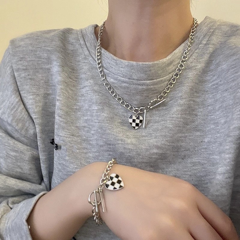 Vòng Tay/Vòng cổ Kim Loại Mặt Hình Bàn Cờ/Trái Tim Thời Trang Hàn Quốc Cho Nữ