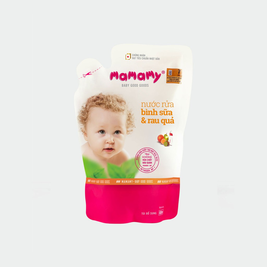 Nước rửa, cọ bình sữa và nước rửa rau củ Mamamy 600ml - Combo 2 túi tặng 1 túi nước rửa cùng loại