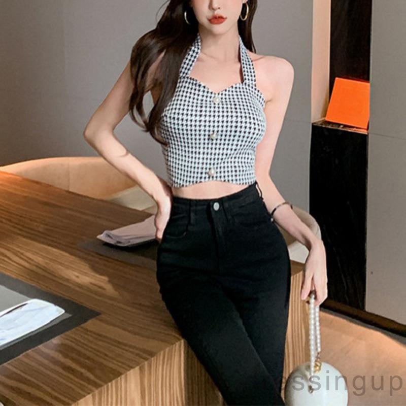 Áo không tay cổ chữ V cài nút họa tiết Houndstooth quyến rũ dành cho nữ