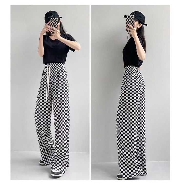 Quần Jogger Kẻ Sọc Ca Rô Ống Rộng Phối Dây Rút Thời Trang Dành Cho Nữ