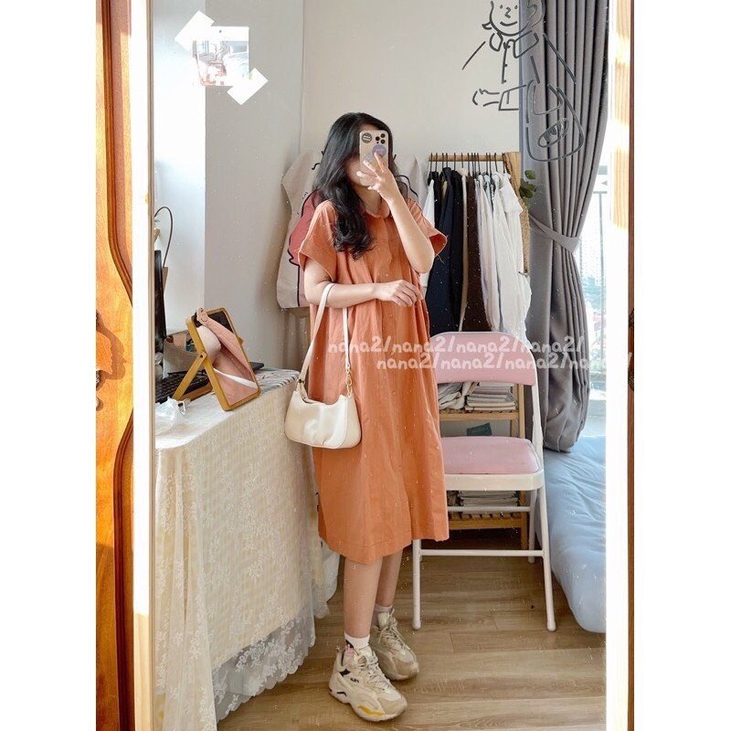 Váy Sơ Mi Ngắn Tay Ullzang Dáng Dài - Đầm Polo Cổ Bẻ 2 Túi Ngực Giả 4 Màu Dáng Rộng