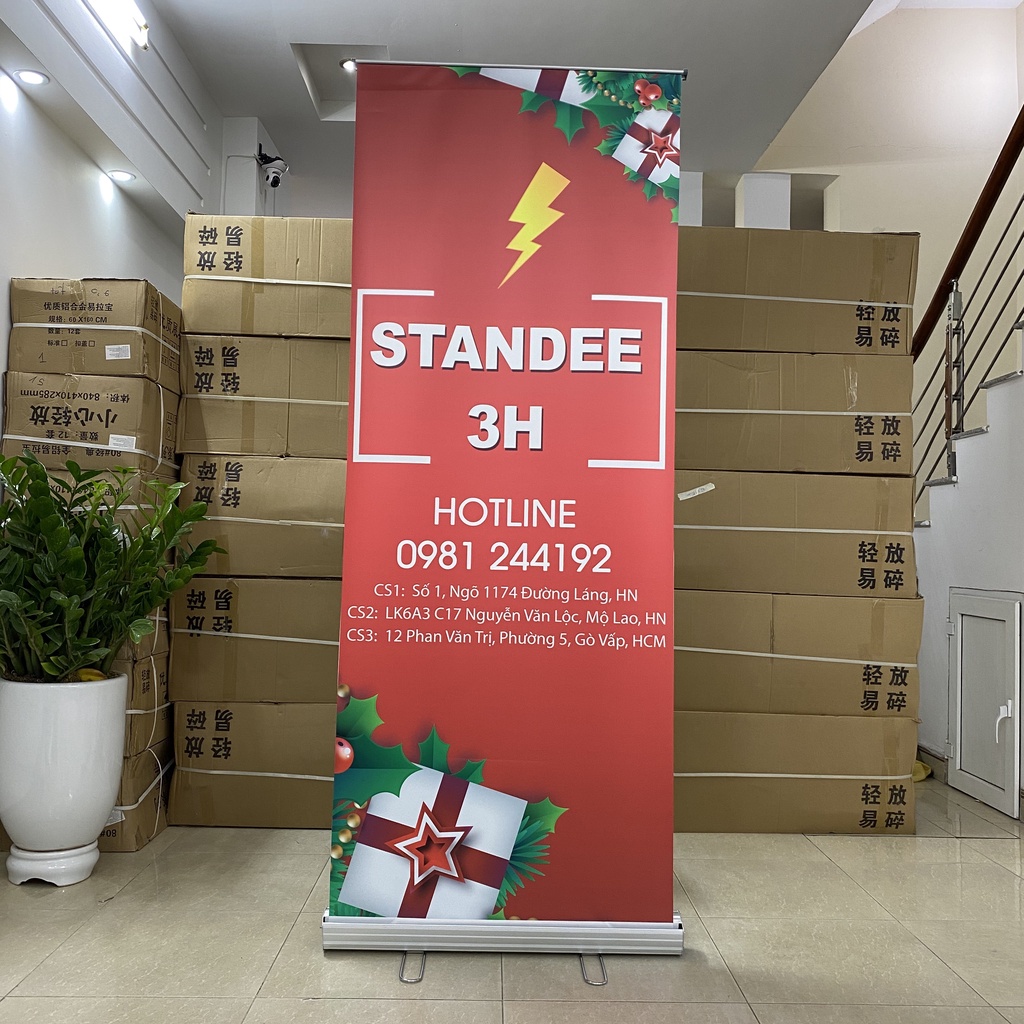 Standee cuốn nhôm tốt chân đế inox kích thước 0.8x2m, Standee cuộn, standee đứng | 3H