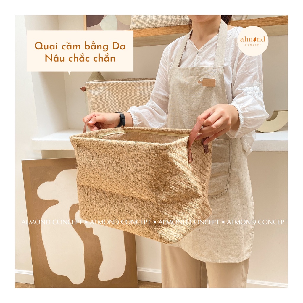 Giỏ đựng đồ Vải Bố Quai Da Wabi-Sabi Siêu bền, đựng quần áo, đồ cá nhân, Homestay - almondconcept