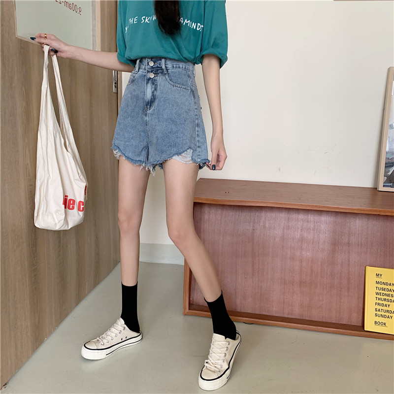 Quần Short Denim Lưng Cao Ống Rộng Phong Cách Hàn Quốc Với 2 Màu Tùy Chọn