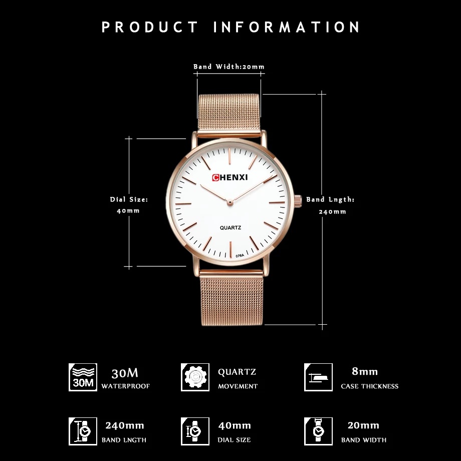 Đồng Hồ Đeo Tay Chexi Chống Thấm Nước Siêu Mỏng Bằng Thép Không Gỉ Dành Cho Nam