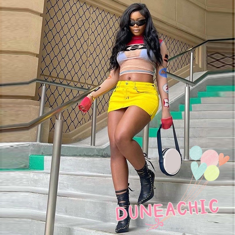 DUNEA Áo Thun Tay Dài Phối Lưới Xuyên Thấu In Họa Tiết Thời Trang Cho Nữ