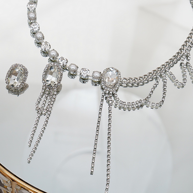 Bộ Vòng cổ + Bông Tai Đính Kim Cương Pha Lê Lấp Lánh Kiểu Dáng Đơn Giản Thời Trang Mới Và